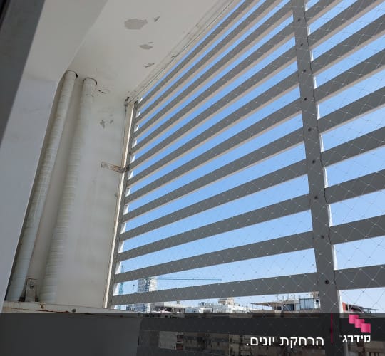 רשת מתכת על חלון למניעת כניסת יונים